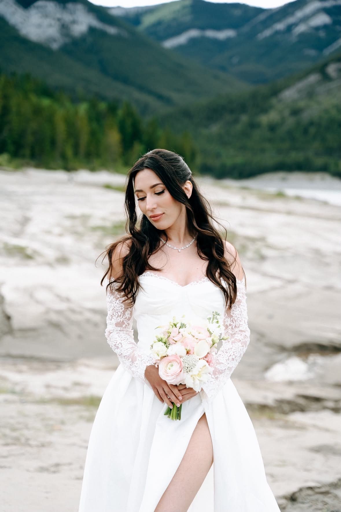 Pink ranunculus wedding bouquet — roses and spray roses, Sofiori Calgary
